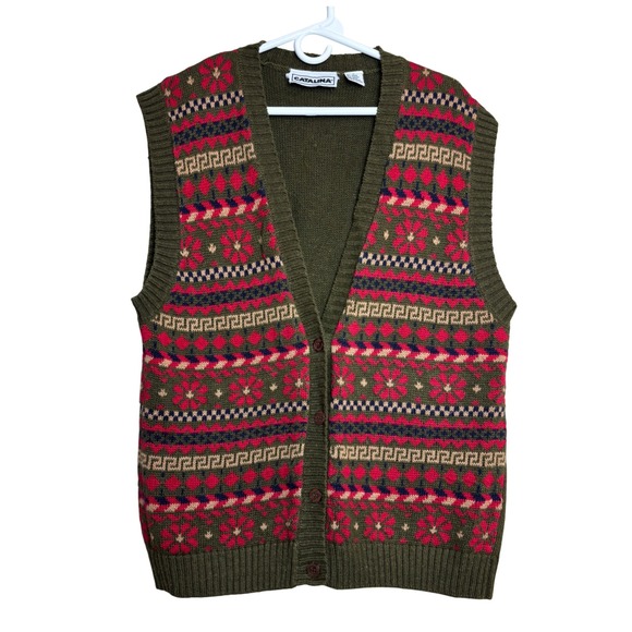 Catalina Sweaters - Vintage Catalina Fair‎ Isle Sweater Vest Womens Large Olive Green Pink Granny L